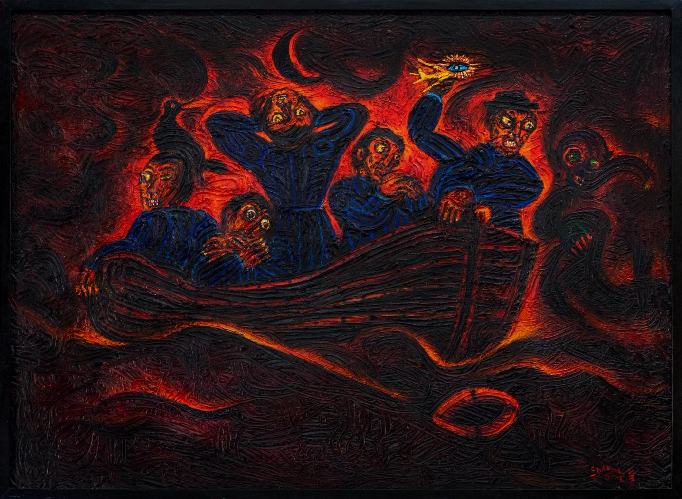 Charlie Co painting of anguished figures in blue crowded into a boat on a fiery red impasto sea beneath a black crescent moon
