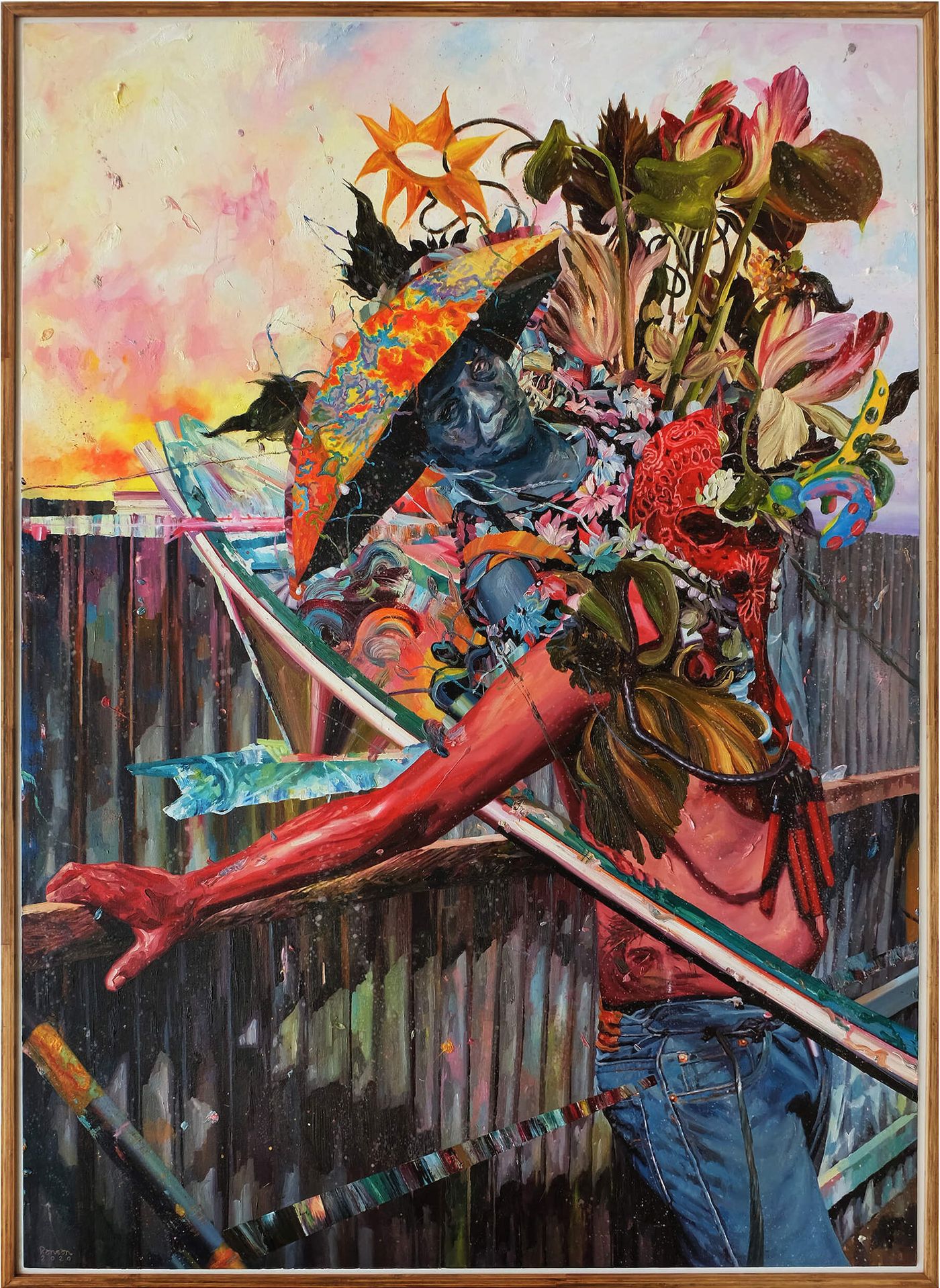 Low Pressure Area by Ronson Culibrina, a red-armed figure crowned in flowers holding a patterned umbrella against a fence at sunset