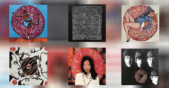 Compilation grid of Scott Garceau’s donut paintings, showing album covers of Grace Jones, Joy Division, The Cars, Red Hot Chili Peppers, Björk, and The Beatles with donuts integrated into their artwork