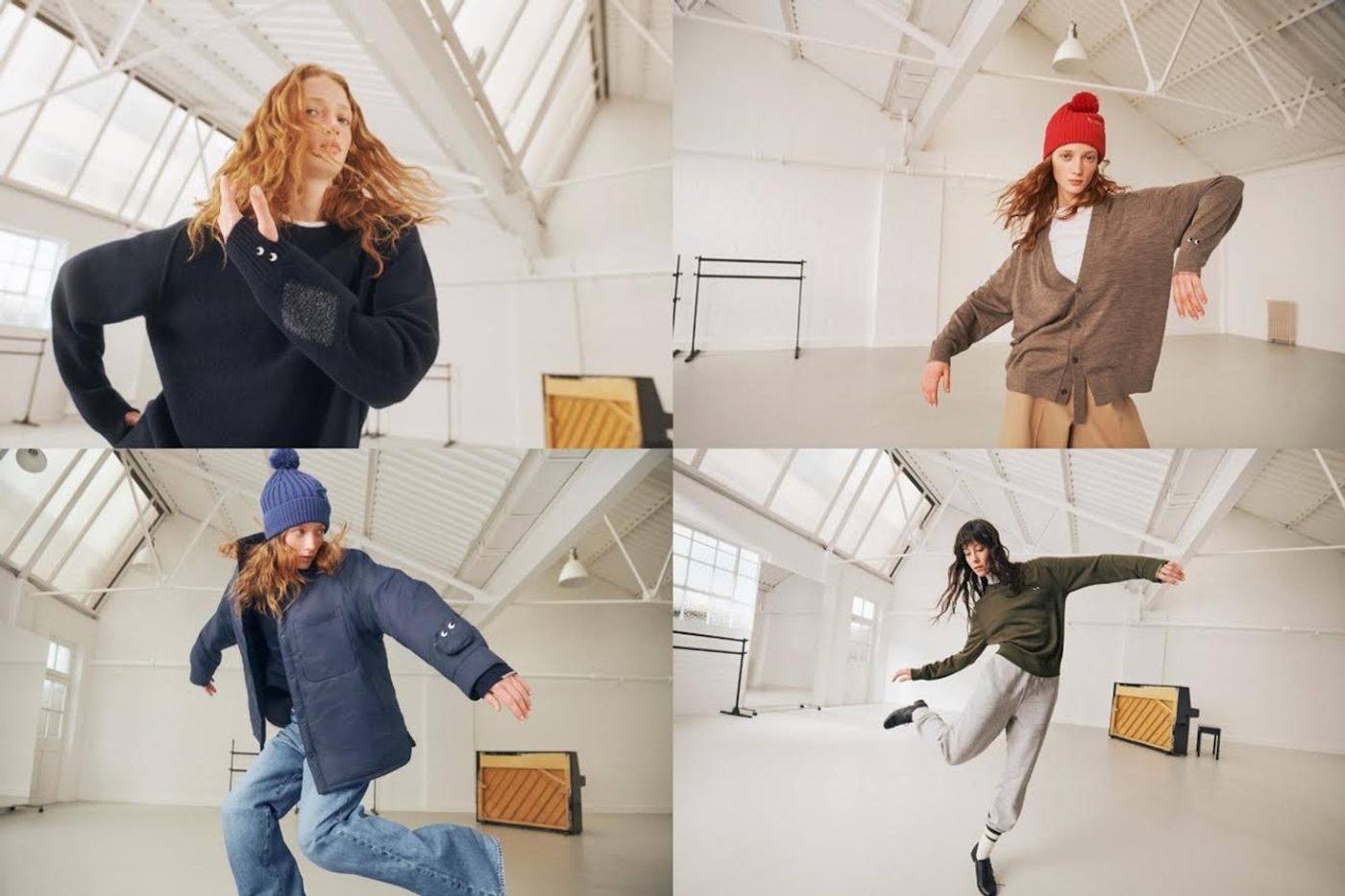 Four studio shots of the same model in Uniqlo x Anya Hindmarch pieces: a navy merino sweater with embroidered eyes and a darned patch at the cuff, a brown cardigan worn with a red bobble hat, a navy padded jacket with an eye motif on the pocket flap and a blue bobble hat, and an olive sweatshirt with grey joggers