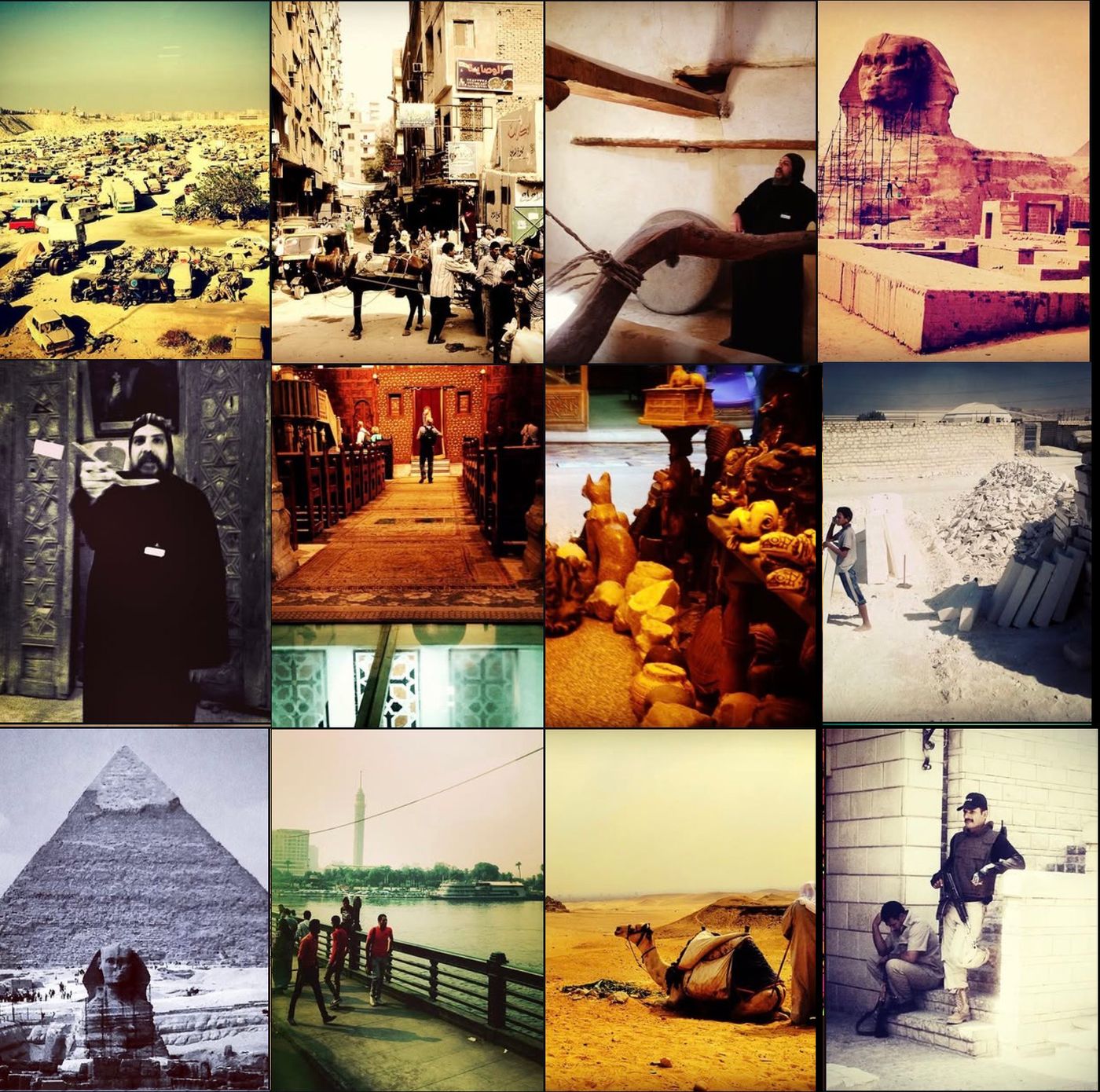Grid of twelve retro-toned snapshots of Cairo: pyramids, camels, street scenes and the Sphinx