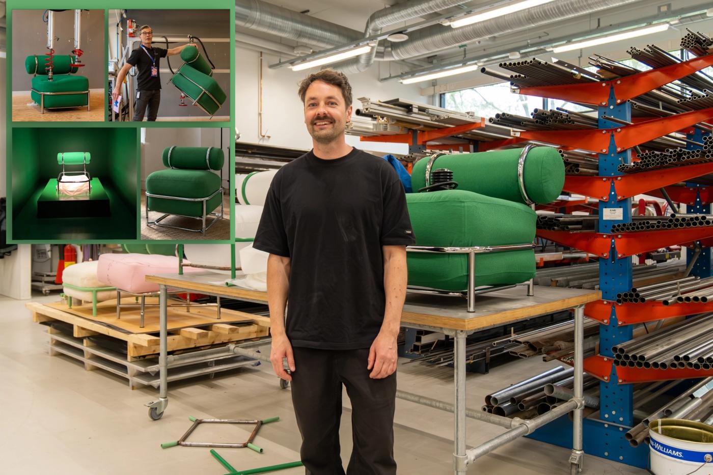 Mikael Axelsson standing beside his green inflatable armchair in a workshop lined with pipe racks