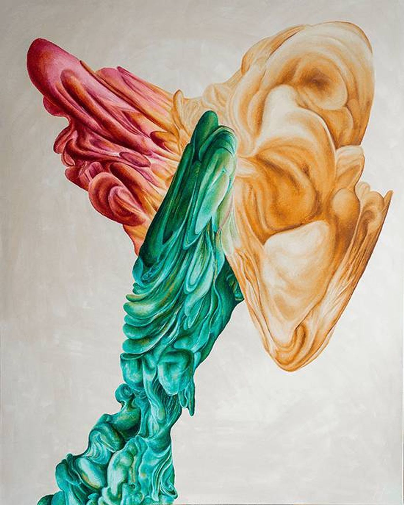 Painting Spontaneity Only Exists with Stability, swirling green, pink and amber forms on a pale ground