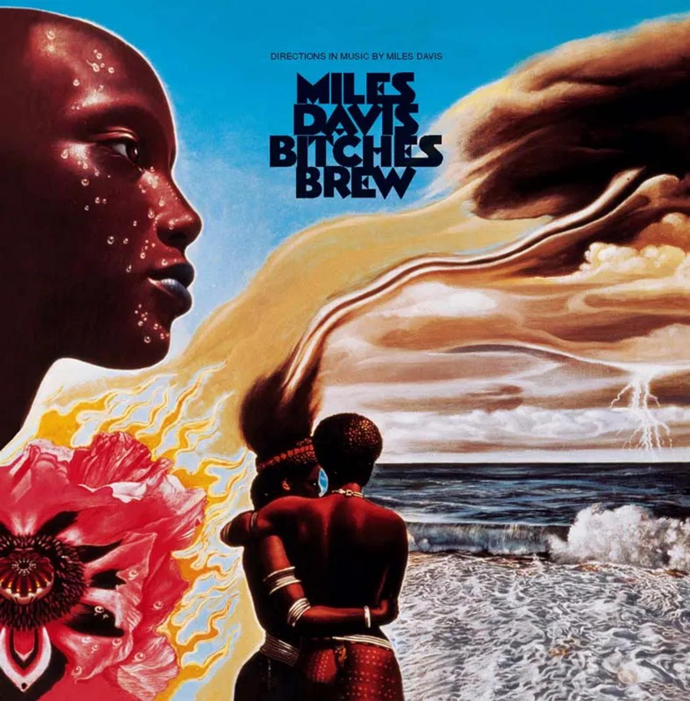 Surreal Bitches Brew cover art with faces, a pink bloom and embracing figures facing a stormy sea