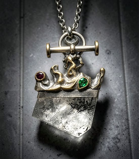 Distressed silver neckpiece by Michelline Syjuco with a T-bar, red and green stones and a block of rutilated quartz