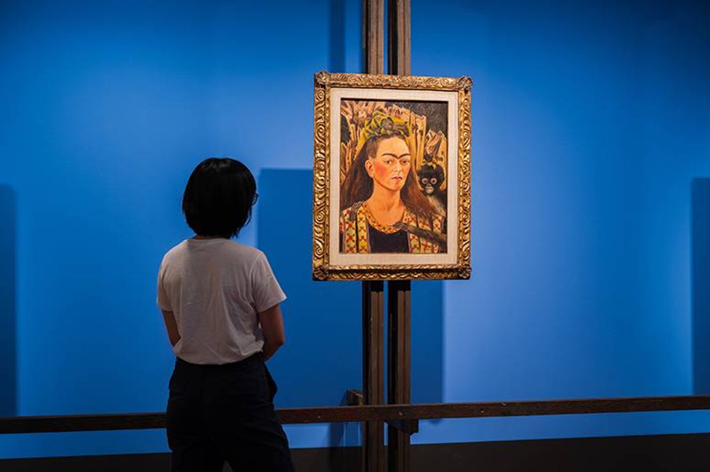 A visitor contemplates Frida Kahlo’s Self-Portrait with Monkey hung on a bright blue wall