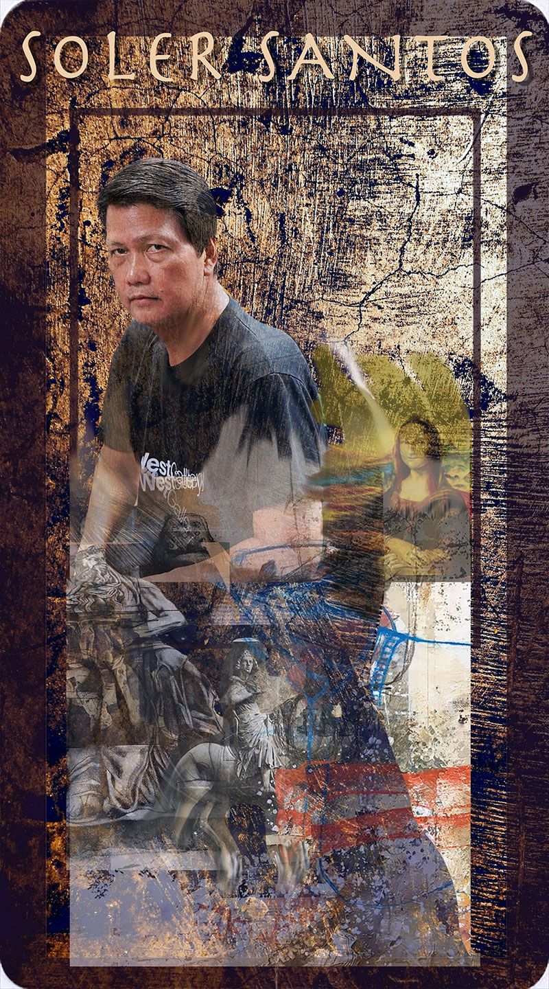 Composite portrait card of painter Soler Santos in a West Gallery t-shirt, montaged with the Mona Lisa, classical marble reliefs, an equestrian statue and blue scribbled paint