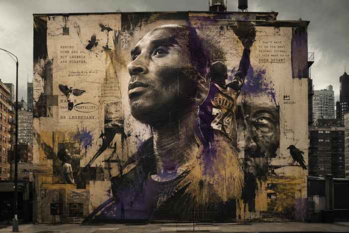 Graphic art portrait of Kobe Bryant in his Lakers jersey against a dark background