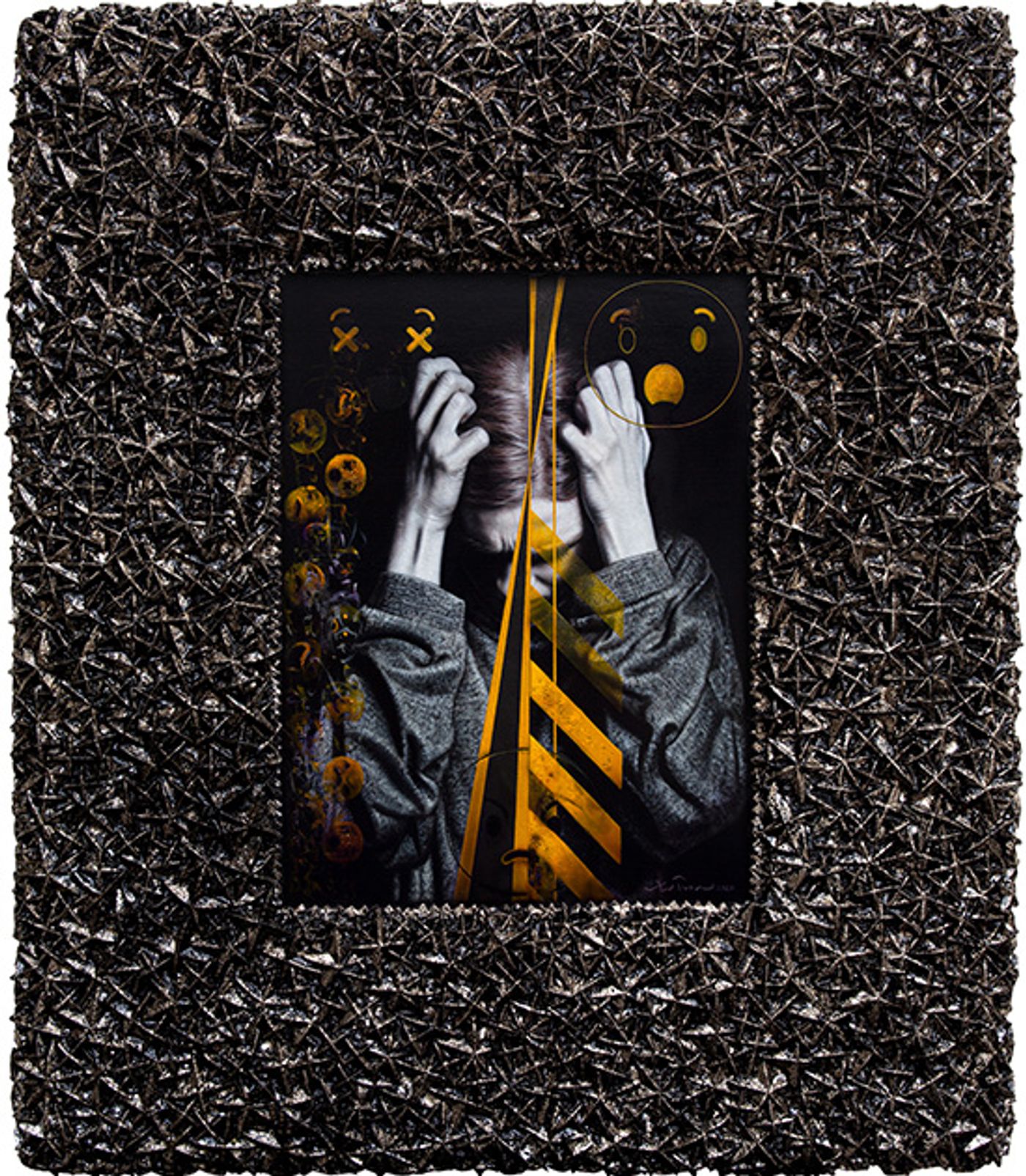 Grayscale figure clutching their head amid yellow hazard stripes and emoticons, framed in dense metallic spikes