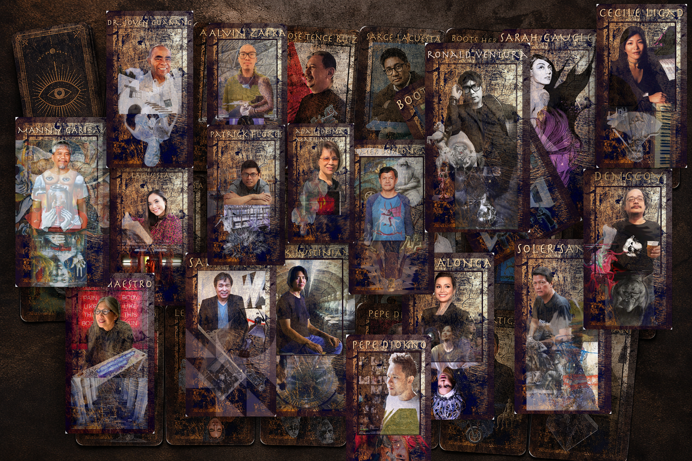 Tarot-style portrait cards of the interviewed culture-makers, each one named and montaged with their own work, spread across a dark table beside a face-down card printed with an all-seeing eye