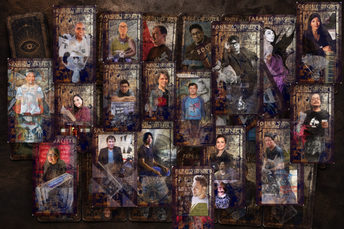 Tarot-style portrait cards of the interviewed culture-makers, each one named and montaged with their own work, spread across a dark table beside a face-down card printed with an all-seeing eye