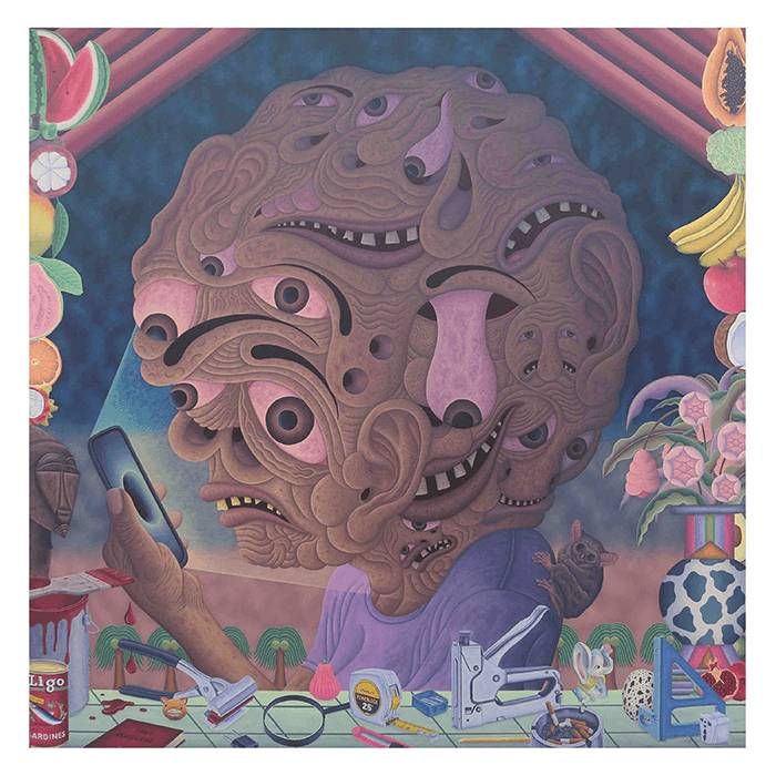 Louie Cordero’s painting The Choice, a figure whose massive head teems with eyes and mouths as it stares into a phone, a tarsier on its shoulder