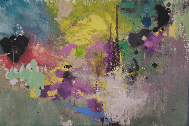 Abstract painting titled 21 with splashes and drips of purple, green, yellow, black, and red paint