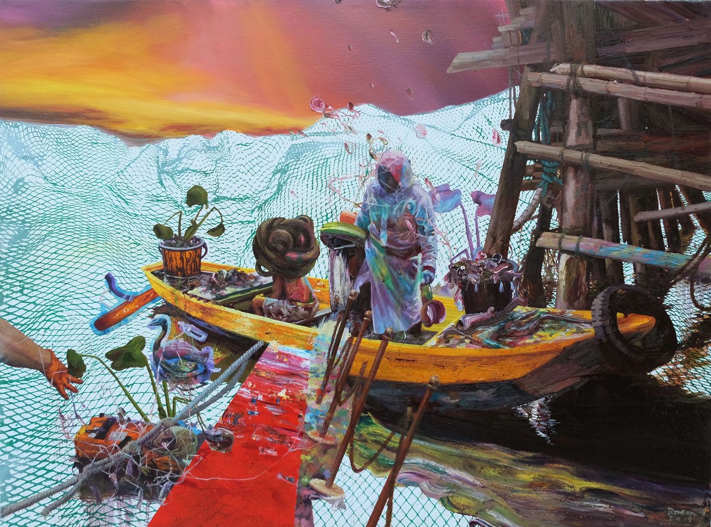Ronson Culibrina’s Rainbow Spill series painting of a shrouded figure in a yellow fishing boat amid green nets under an orange monsoon sky