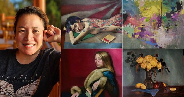 Collage of artist Mia Herbosa and her paintings including Wild Thing, Russian Beauty, 21, and Yellow Roses