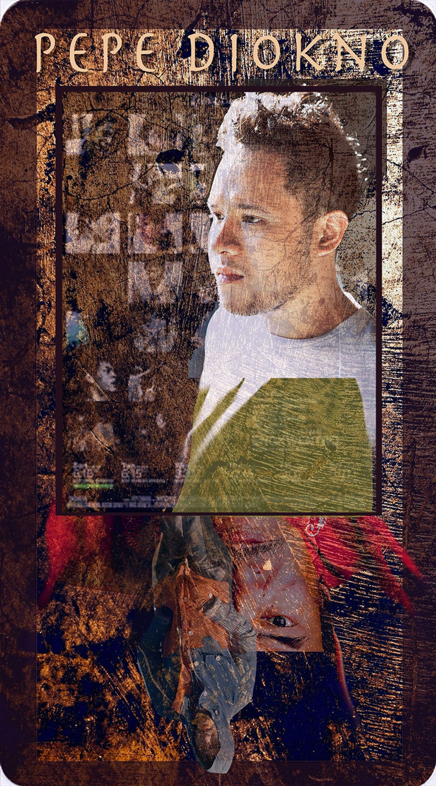 Composite portrait card of filmmaker Pepe Diokno in profile in a white t-shirt, montaged over faded film frames, a green panel and a red plumed figure with a staring eye