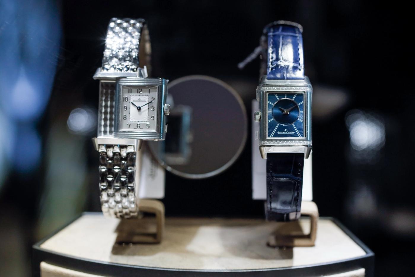 Jaeger-LeCoultre Reverso timepieces on display stand at Lucerne Watch Week