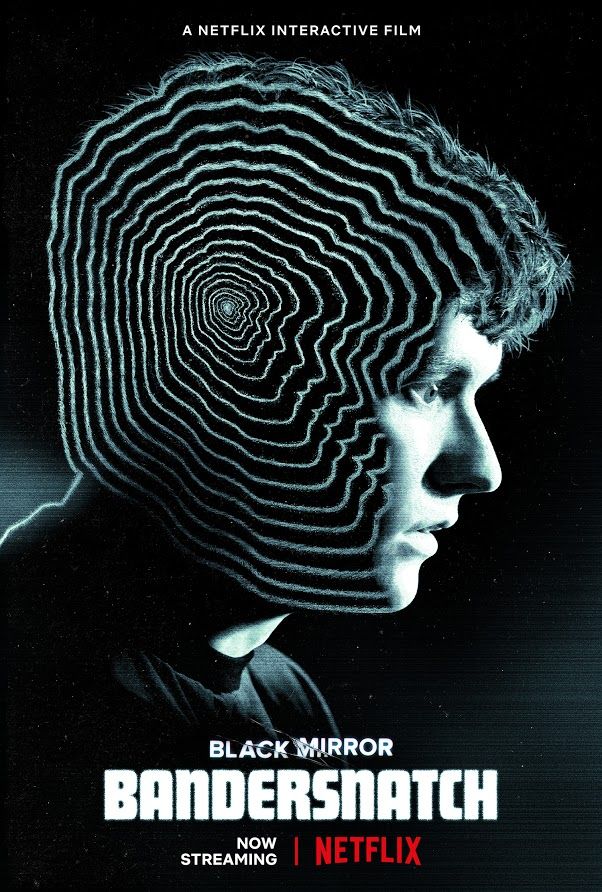 Netflix poster for Black Mirror: Bandersnatch, a profile dissolving into hypnotic spiral rings