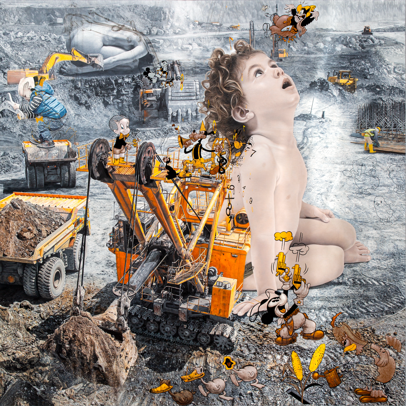 ‘Pleasure Ground’ by Ronald Ventura: a toddler gazes skyward in a grey open-pit mine swarmed by yellow excavators and cartoons