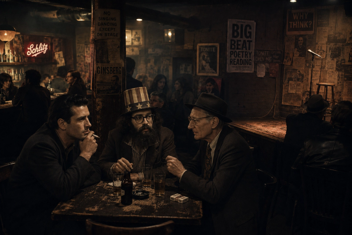 Three men resembling Kerouac, Ginsberg and Burroughs sit over beers in a dim bar hung with Big Beat poetry reading posters and a Schlitz sign