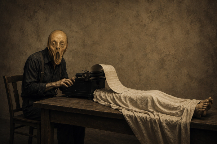 Sepia surrealist photograph of a writer with the head from Munch’s The Scream typing at an antique typewriter, its paper scroll spilling out and becoming a sheet covered body with bare feet