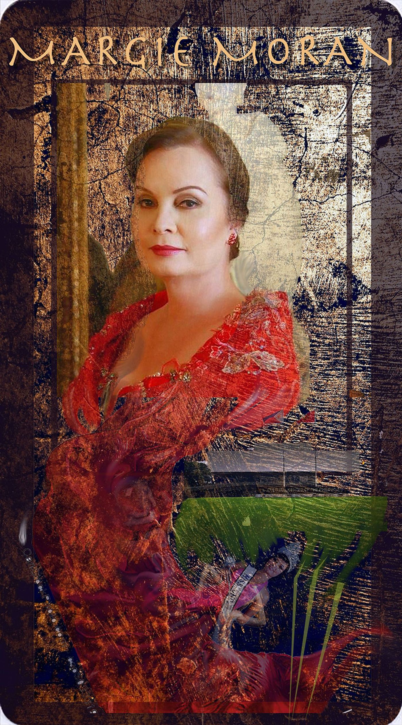 Composite portrait card of Margie Moran in a red terno with butterfly sleeves, montaged over the Cultural Center of the Philippines and a small inverted photo of her crowned as Miss Universe
