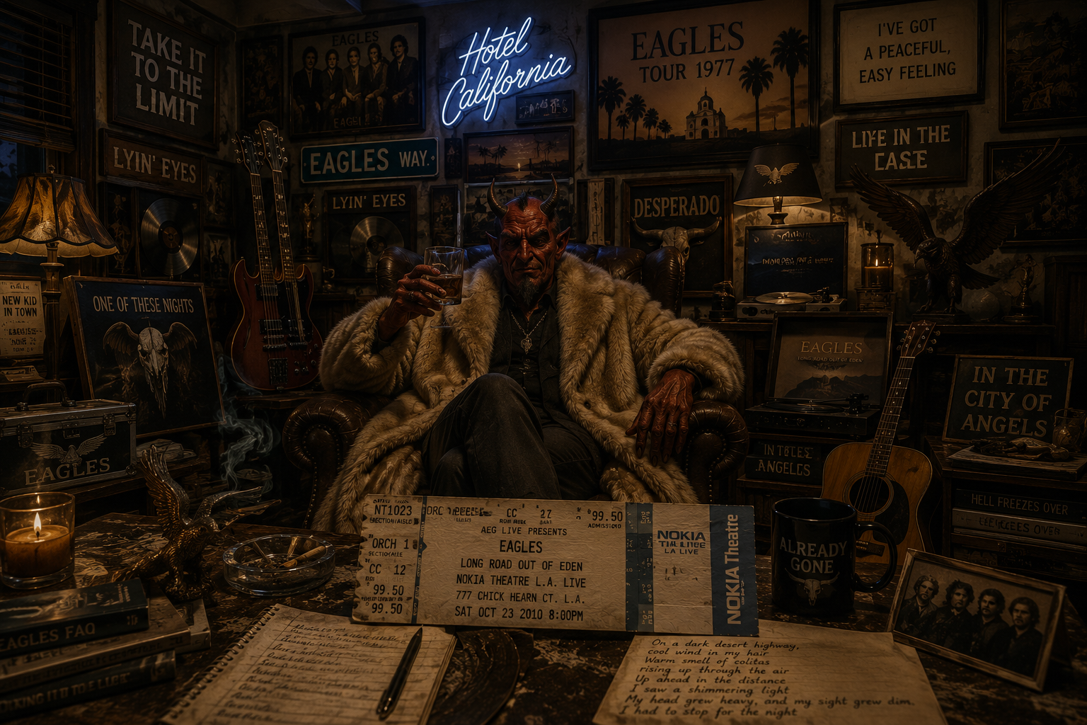 A horned devil in a fur coat raises a whiskey in a room crammed with Eagles memorabilia, a Hotel California neon sign, gold records and a 2010 Long Road Out of Eden ticket for the Nokia Theatre in Los Angeles