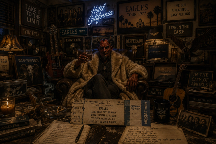 A horned devil in a fur coat raises a whiskey in a room crammed with Eagles memorabilia, a Hotel California neon sign, gold records and a 2010 Long Road Out of Eden ticket for the Nokia Theatre in Los Angeles