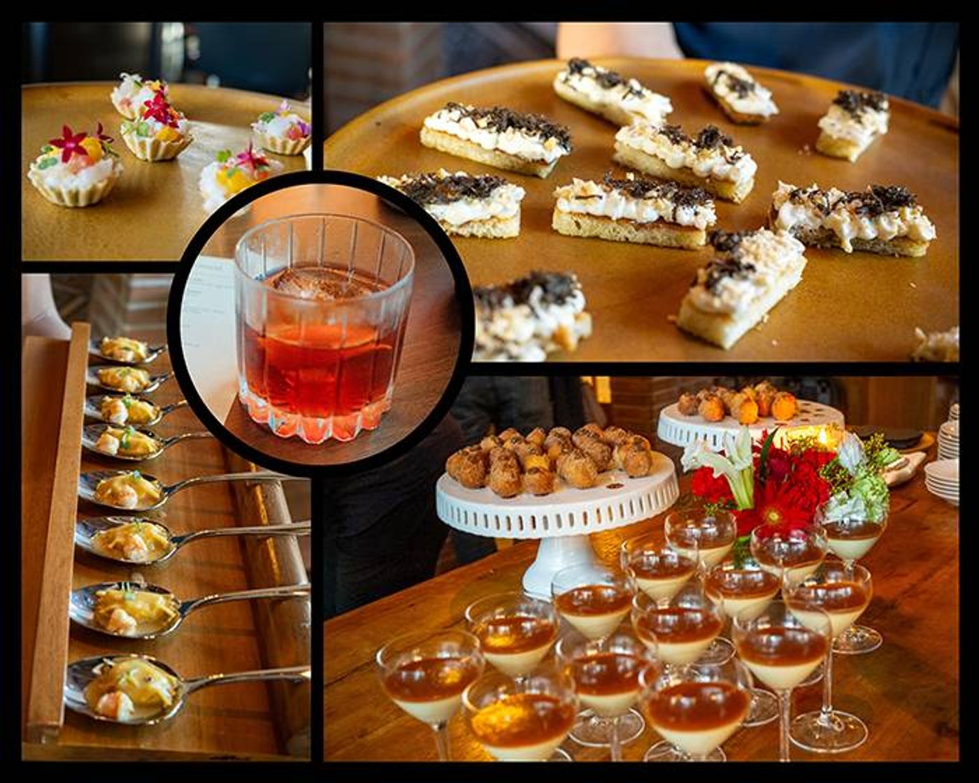 Collage of Osteria Antica handmade bites and drinks: flower-topped tartlets, truffle toasts, a red cocktail and cream-filled coupes