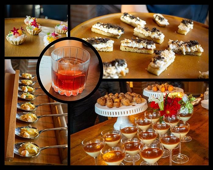 Collage of Osteria Antica handmade bites and drinks: flower-topped tartlets, truffle toasts, a red cocktail and cream-filled coupes
