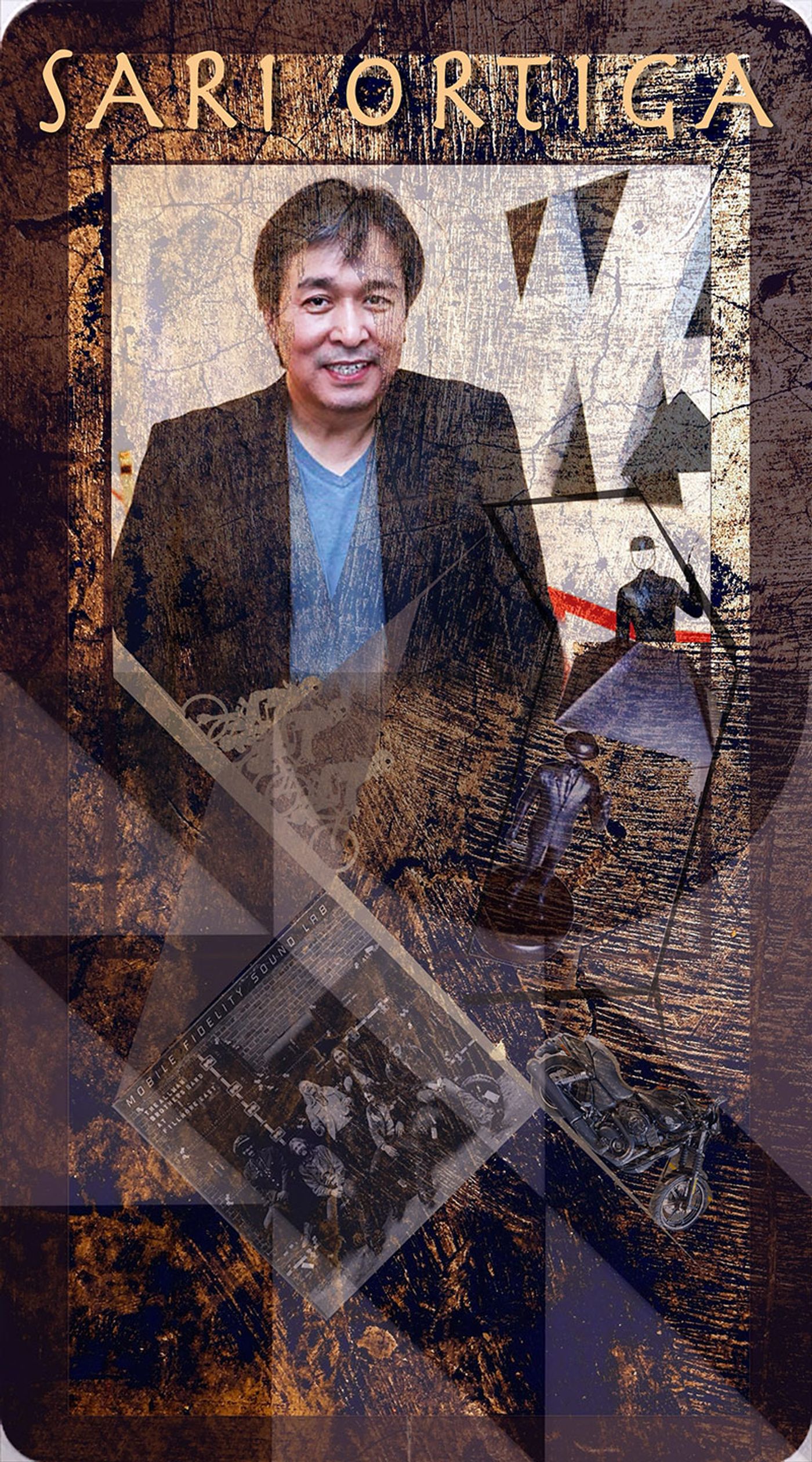Composite portrait card of Sari Ortiga smiling in a dark blazer over a blue tee, montaged with triangular bunting, a Mobile Fidelity Sound Lab record sleeve and a motorcycle