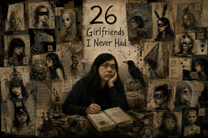 A long-haired writer sits at a desk with a crow and a notebook marked Notes on Absence, ringed by numbered portraits of women under the hand-lettered title 26 Girlfriends I Never Had