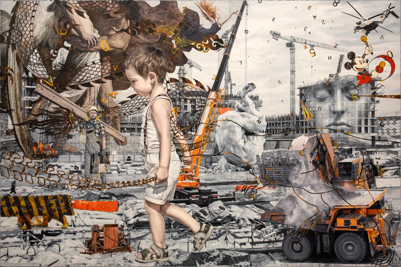 Ronald Ventura’s Istraktura, in which a small boy in a white tank top drags a chain across a grayscale construction site of orange cranes, mining trucks and a colossal stone face