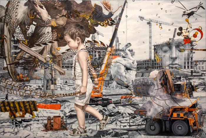 Ronald Ventura’s Istraktura, in which a small boy in a white tank top drags a chain across a grayscale construction site of orange cranes, mining trucks and a colossal stone face