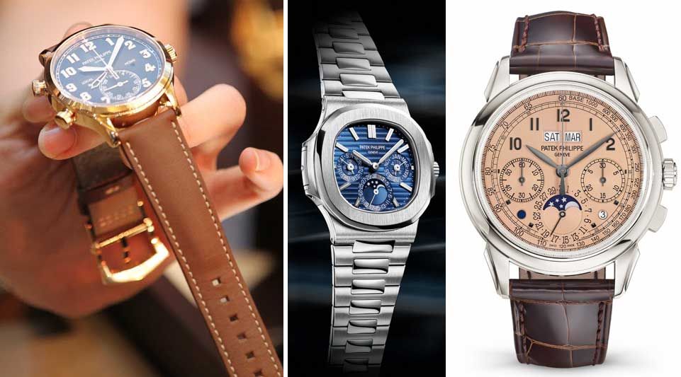 Three Patek Philippe perpetual calendar watches, including a blue-dial Nautilus and a chronograph