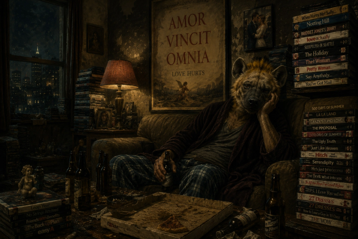 A hyena in a bathrobe slumps on a sofa with beer bottles and a pizza box, walled in by stacks of romantic comedies under a poster reading Amor Vincit Omnia, Love Hurts