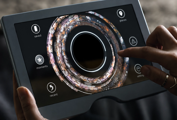 Hands hold a tablet showing a dark circular interface ringed with images and menu icons for saved, moments and recent