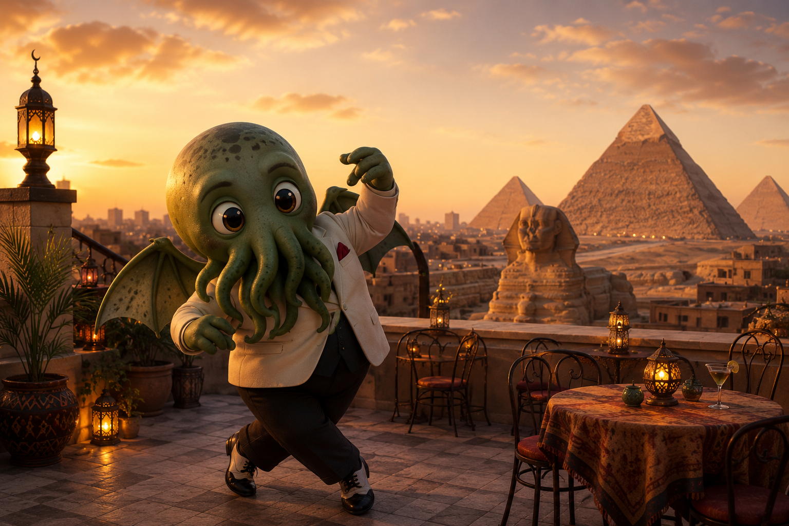 A winged Cthulhu in a white dinner jacket salsa-steps across a lantern-lit rooftop café terrace, the Sphinx and the Pyramids of Giza glowing in Cairo’s sunset behind him