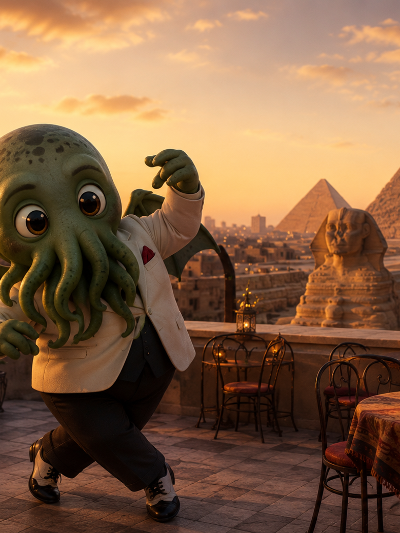 A winged Cthulhu in a white dinner jacket salsa-steps across a lantern-lit rooftop café terrace, the Sphinx and the Pyramids of Giza glowing in Cairo’s sunset behind him