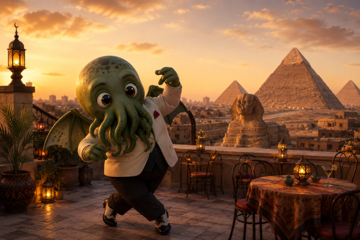 A winged Cthulhu in a white dinner jacket salsa-steps across a lantern-lit rooftop café terrace, the Sphinx and the Pyramids of Giza glowing in Cairo’s sunset behind him