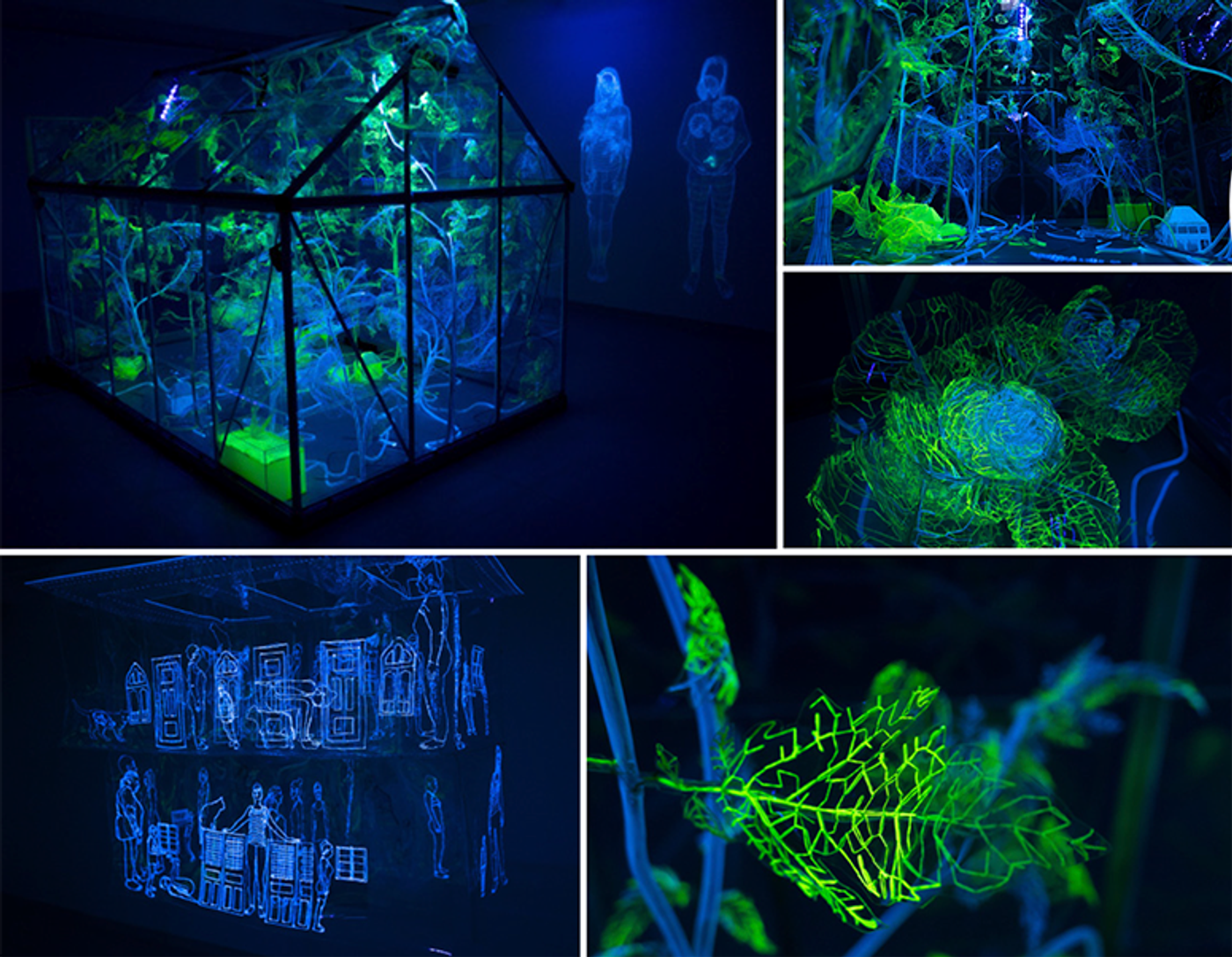 Collage of Andreea Medar’s installation: a glowing greenhouse of embroidered plastic plants and wire-drawn villagers under ultraviolet light