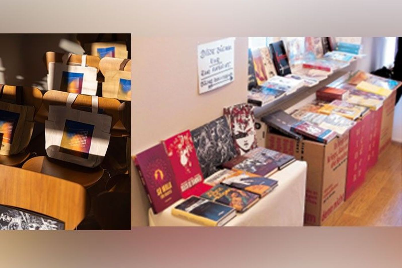 Philippine books and comics displayed in boxes on a table beside gradient-printed tote bags on chairs