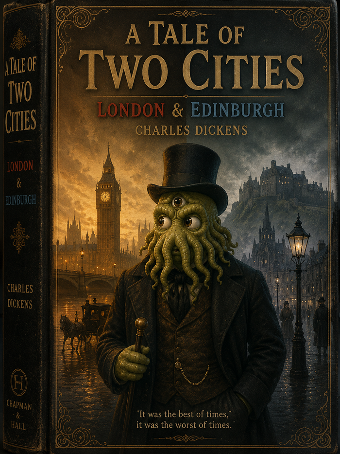Mock Dickens book cover, “A Tale of Two Cities: London & Edinburgh”: a tentacled Victorian gentleman in a top hat stands with his cane between Big Ben and Edinburgh Castle at dusk