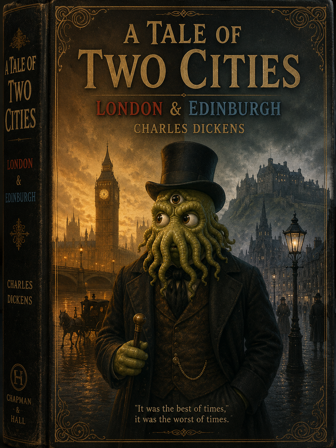 Mock Dickens book cover, “A Tale of Two Cities: London & Edinburgh”: a tentacled Victorian gentleman in a top hat stands with his cane between Big Ben and Edinburgh Castle at dusk