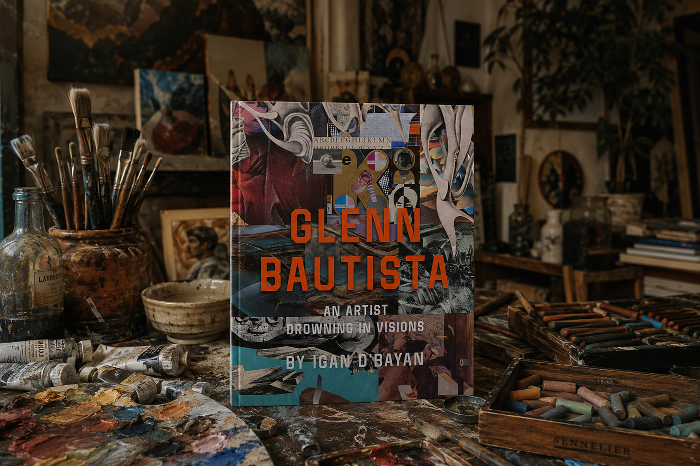 The coffee-table book Glenn Bautista: An Artist Drowning in Visions by Igan D’Bayan stands on a paint-spattered studio table among jars of brushes, oil paint tubes and a box of Sennelier pastels