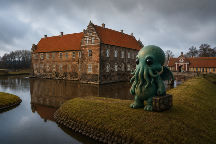 REKORDR’s Cthulhu mascot, suitcase in hand, at the moat of Norre Vosborg manor in Jutland, Denmark, under a brooding sky