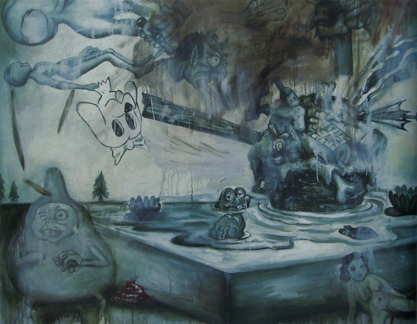 What Has Come Out by Manuel Ocampo: in muted blue grey, a dark mass erupts from a lily pond beside a bulbous grinning gourd figure, with a crowned skull and faces drifting in a smoky sky