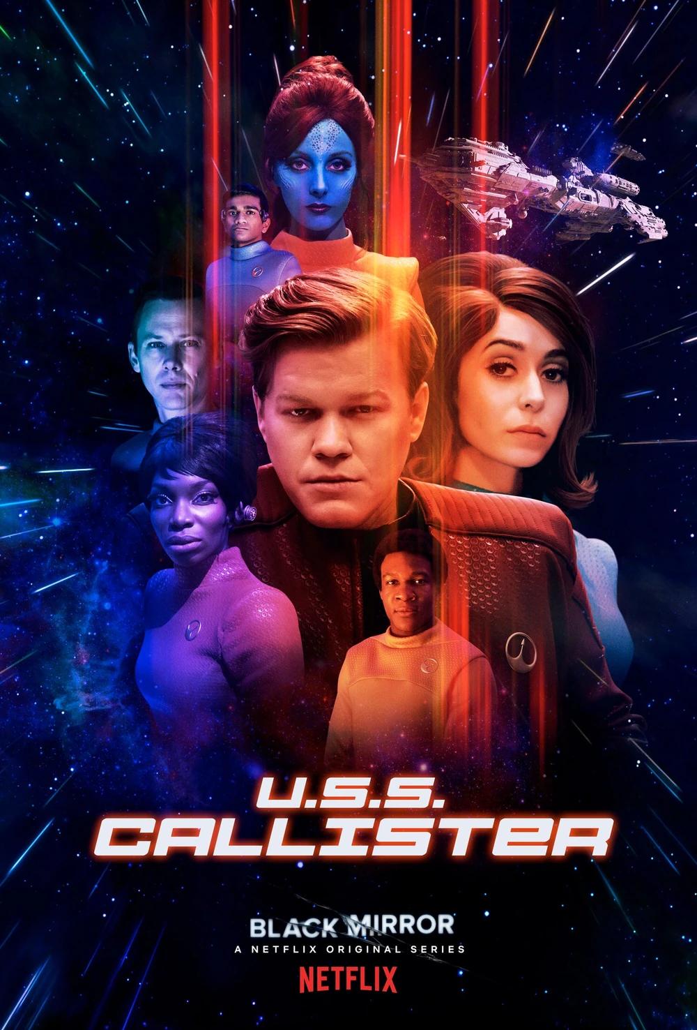 Black Mirror ‘U.S.S. Callister’ poster: the crew in retro Starfleet uniforms arrayed against a starfield as a saucer ship streaks past