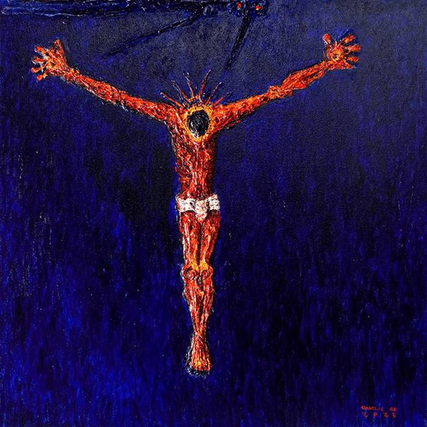 Charlie Co’s Contemplation, a fiery red crucified figure with outstretched arms and a black sunburst head against a deep blue field