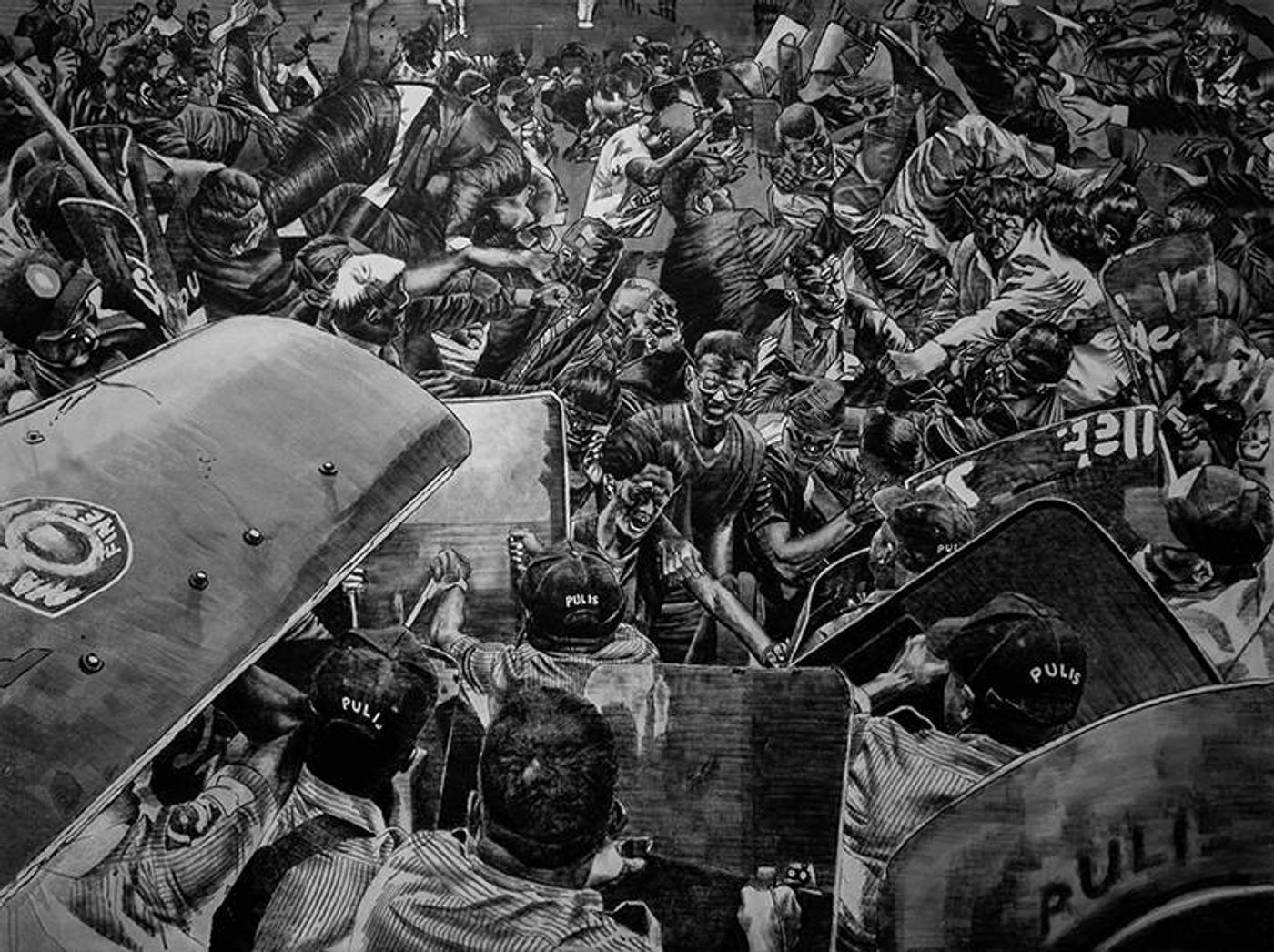 Monochrome painting of a seething crowd clashing over a wall of police riot shields